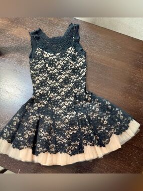Black Lace/Crochet Overlay Mini Dress with Nude Tulle Underlay